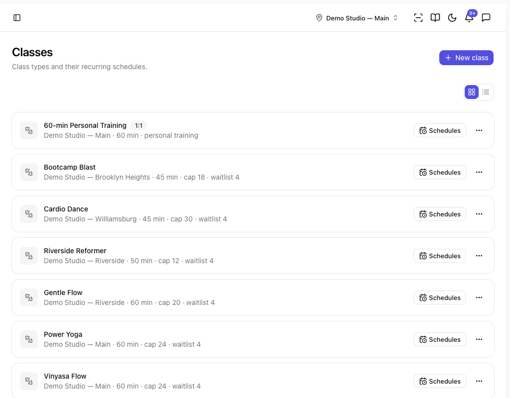 The Classes page listing class types with their location, length, and capacity