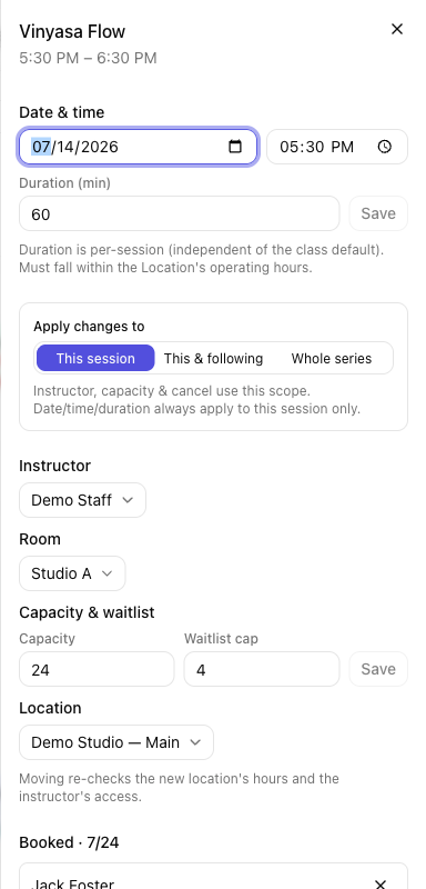 The session details side panel showing the roster, capacity, and check-in controls