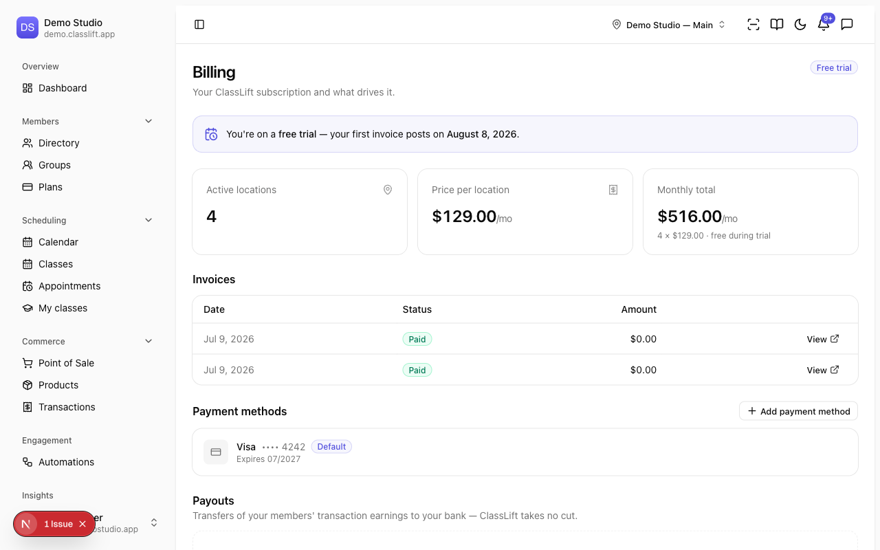 The Billing page with active-location count, price per location, and monthly total