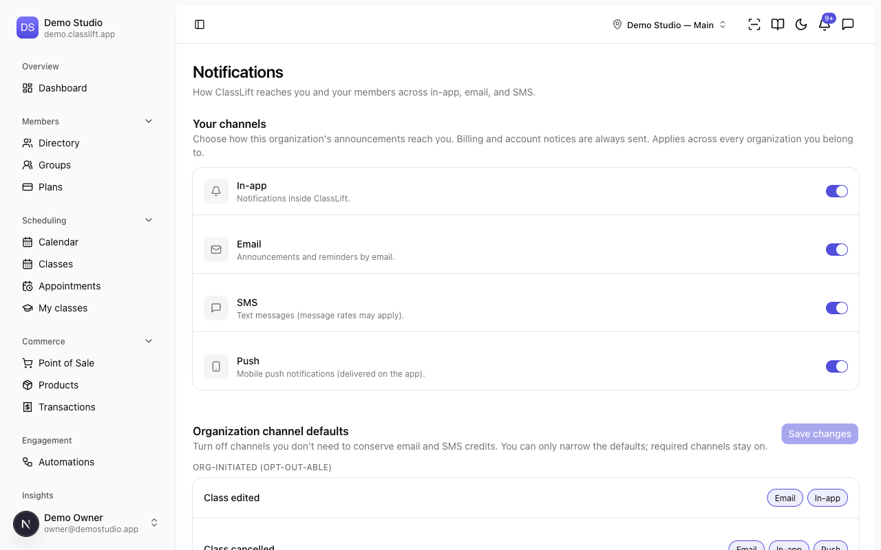 The organization Notifications settings with the Your channels and Organization channel defaults blocks