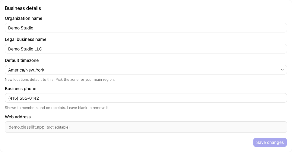 The Business details card on Settings → Organization, including the Business phone field