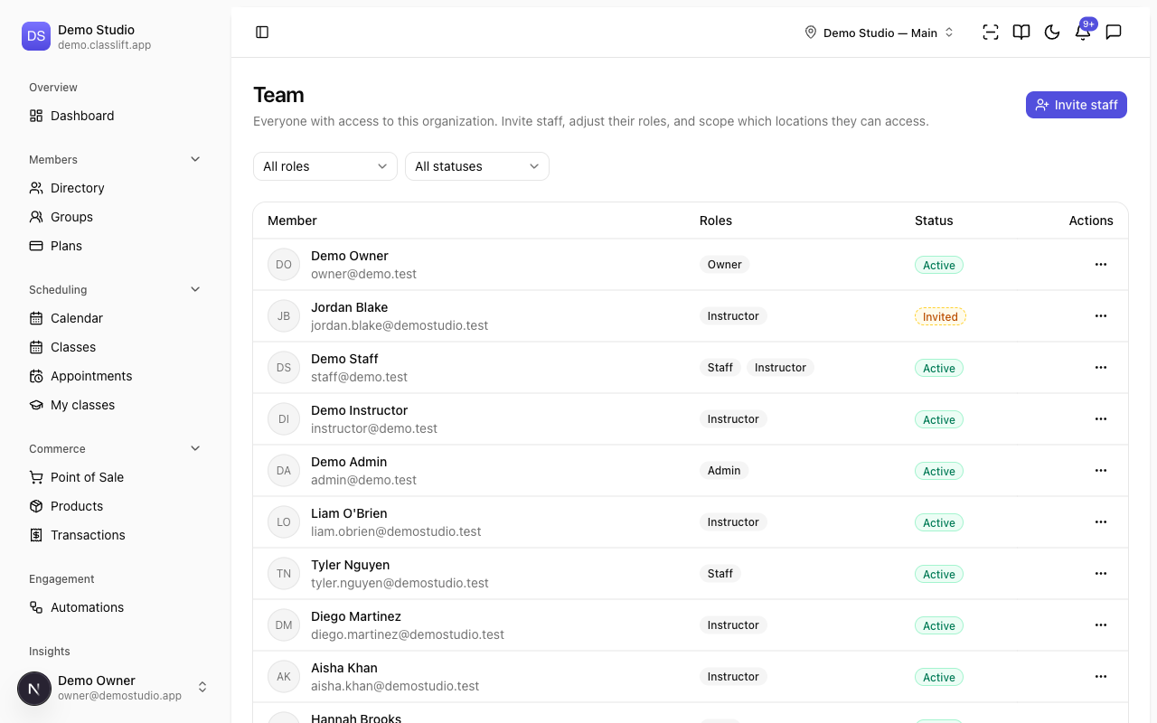 The Team page listing staff with their roles and status
